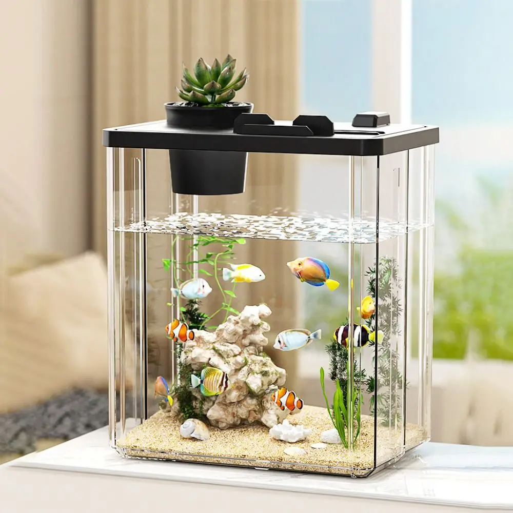 Aquarium Fish In Bowl - ตู้ปลาตั้งโต๊ะพร้อมปั๊มน้ำ ตัวกรองใส ตกแต่งตู้ปลา กระถางปลามีฝาปิด ตกแต่งบ้าน ตู้เลี้ยงปลา