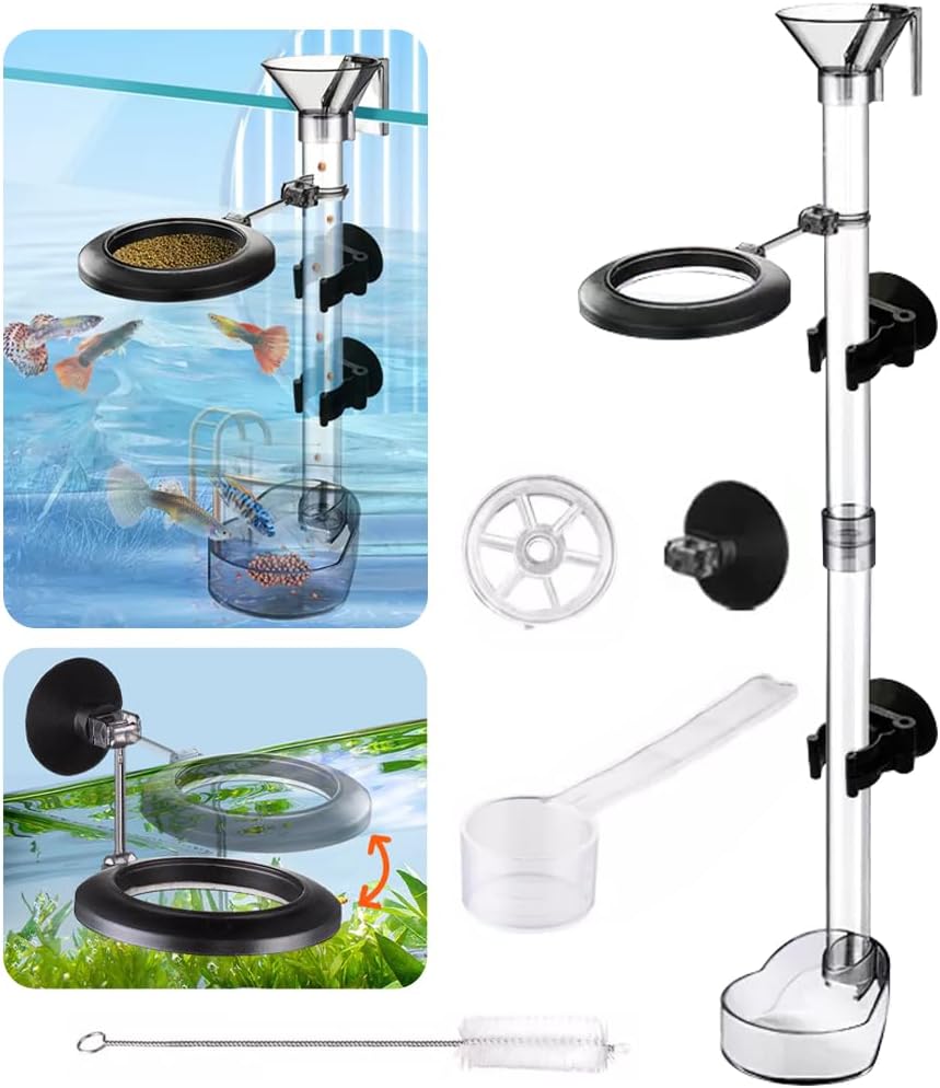 Aquarium Fish Food - ชุดจานให้อาหารปลาและกุ้ง ชุดท่อให้อาหารปลาพร้อมวงแหวนให้อาหาร ถ้วยดูด ท่อปรับระดับได้ อุปกรณ์ให้อาหารในตู้ปลา