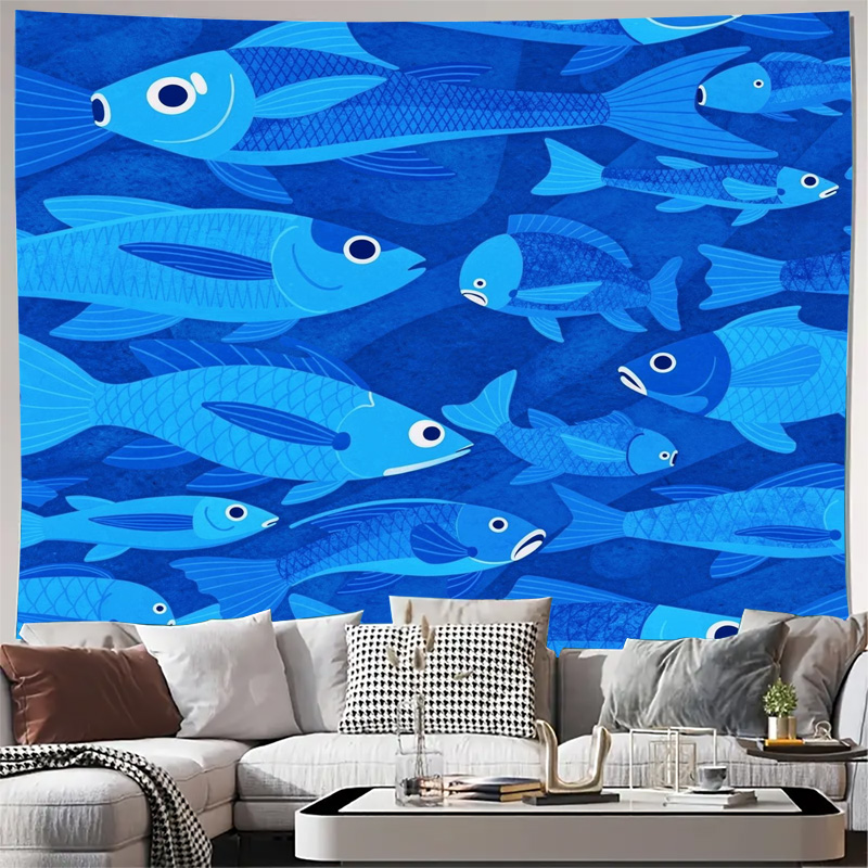 Fish Aquarium Home - พรมลายปลาทะเล ลายมหาสมุทร สีฟ้า ตกแต่งผนังห้องน้ำ ตกแต่งบ้าน งานศิลปะพิมพ์ลาย